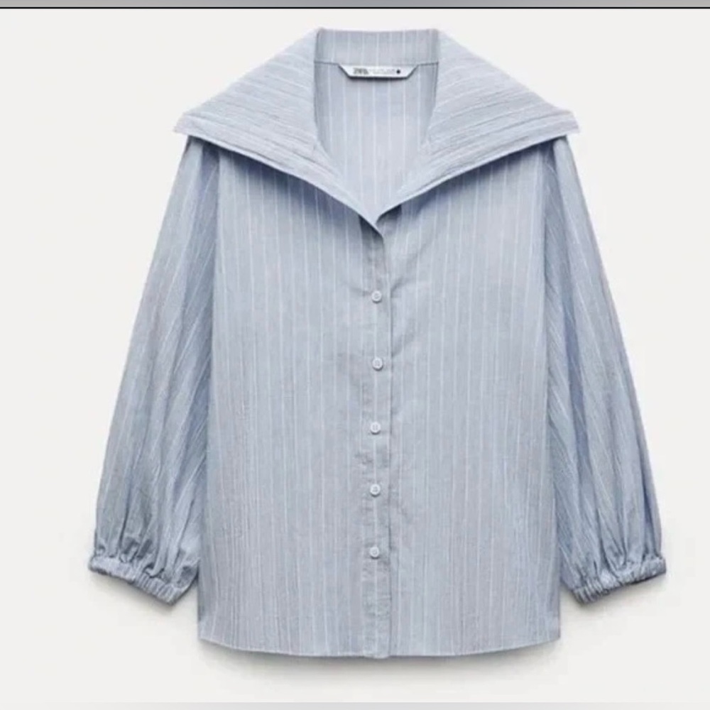 ZARA women's ZW Collection striped shirt light blue 100% cotton top size XL